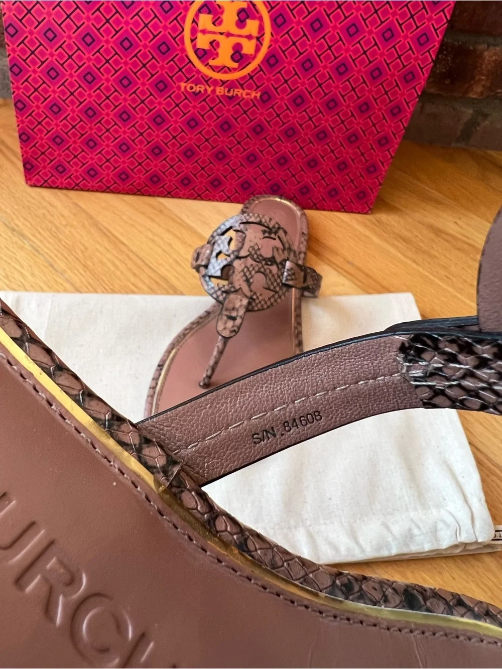 Tory Burch Brown Black Desert Roccia Stamped Snake Printed Leather Miller Sandal